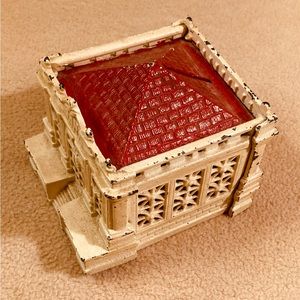 Antique cast iron and metal architectural bank, early 20th century cream/red